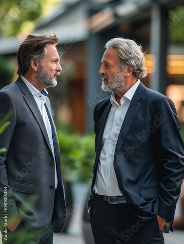 Two middle-aged men in suits engaging in conversation outdoors in the evening. Generative AI