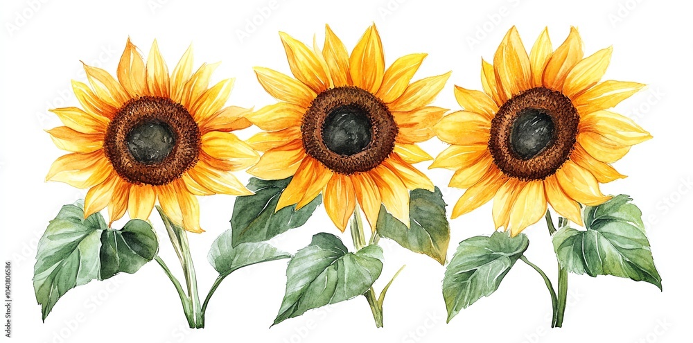 Watercolor illustration of three sunflowers with green leaves. Watercolor illustration of three sunflowers with green leaves.