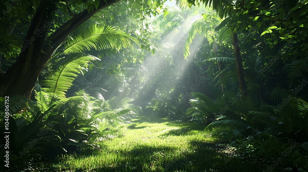 Fototapeta premium Sunbeams Filtering Through Lush Tropical Foliage