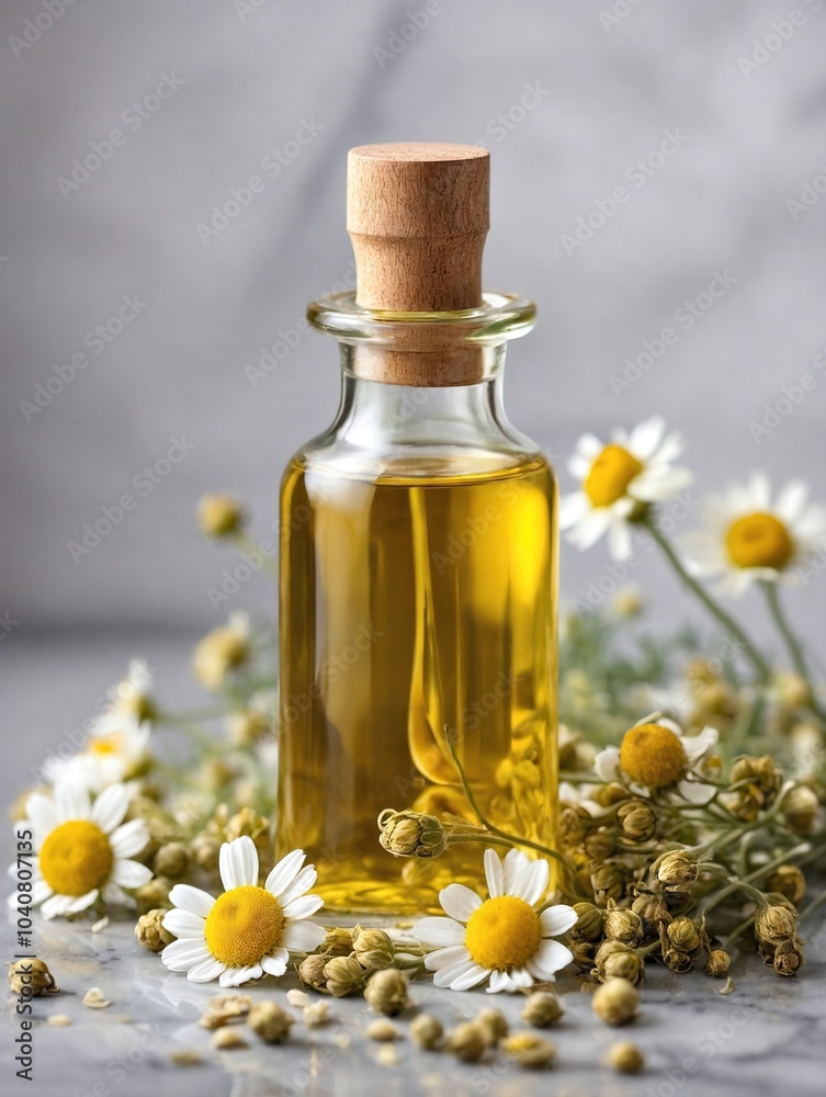 A small glass bottle of chamomile oil sits elegantly on a smooth marble surface.