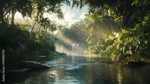 Sunbeams Illuminating a Tropical River and Waterfall
