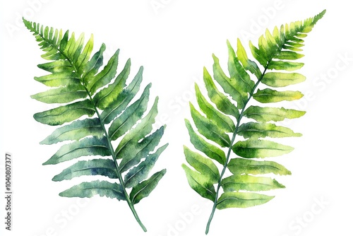 Watercolor illustration of two green fern leaves isolated on white background. (1)