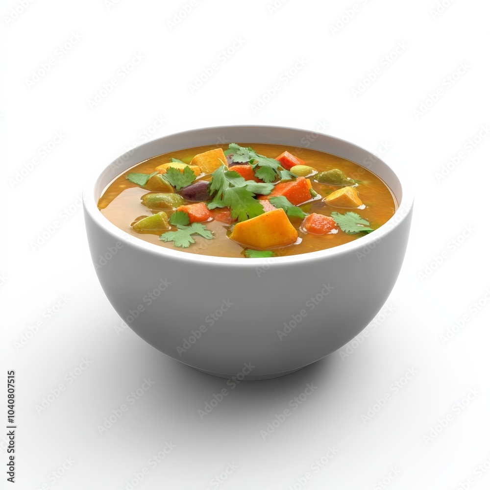 Minimalist 3D rendering of a bowl of spicy vegetable curry, isolated on a white background Minimalist 3D rendering of a bowl of spicy vegetable curry, isolated on a white background