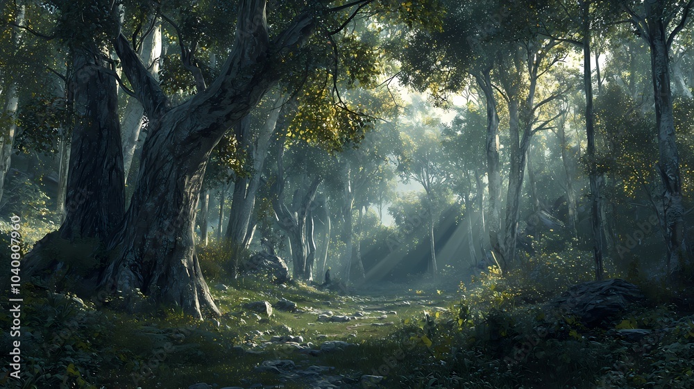 Fototapeta premium Sunbeams Illuminating a Misty Forest Path