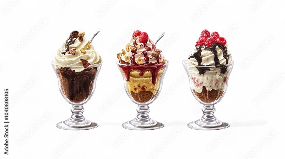 A Delightful Trio Of Gourmet Ice Cream Sundaes With Unique Toppings Served In Elegant Glass Dishes Isolated On A White Background A Delightful Trio Of Gourmet Ice Cream Sundaes With Unique Toppings Served In Elegant Glass Dishes Isolated On A White Background