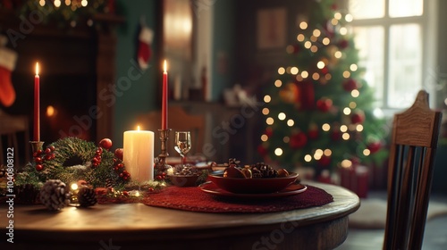 Holiday-Themed Table Setting with Christmas Decor