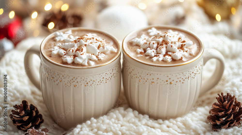 wo vintage white porcelain cups with artisanal designs, filled with coffee and cream, set against a white background with christmas decorations and lights