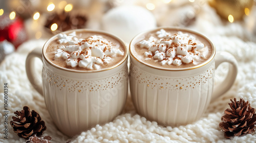 Obraz na płótnie wo vintage white porcelain cups with artisanal designs, filled with coffee and cream, set against a white background with christmas decorations and lights w salonie