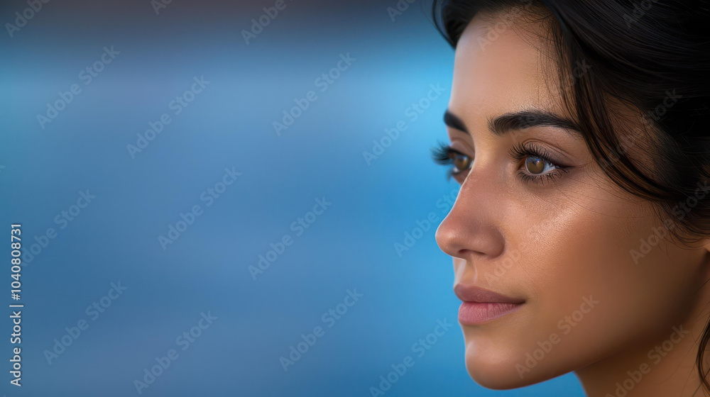 A detailed closeup of a womans profile with a serene river flowing in the background, evoking calmness and beauty. A detailed closeup of a womans profile with a serene river flowing in the background, evoking calmness and beauty.