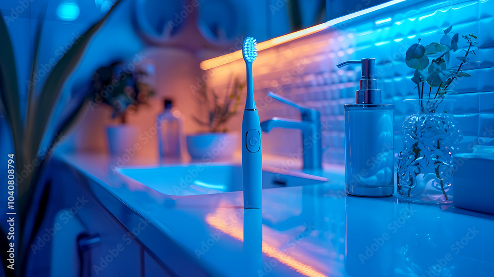 Fototapeta premium Morning Bathroom Scene with Glowing Toothbrush