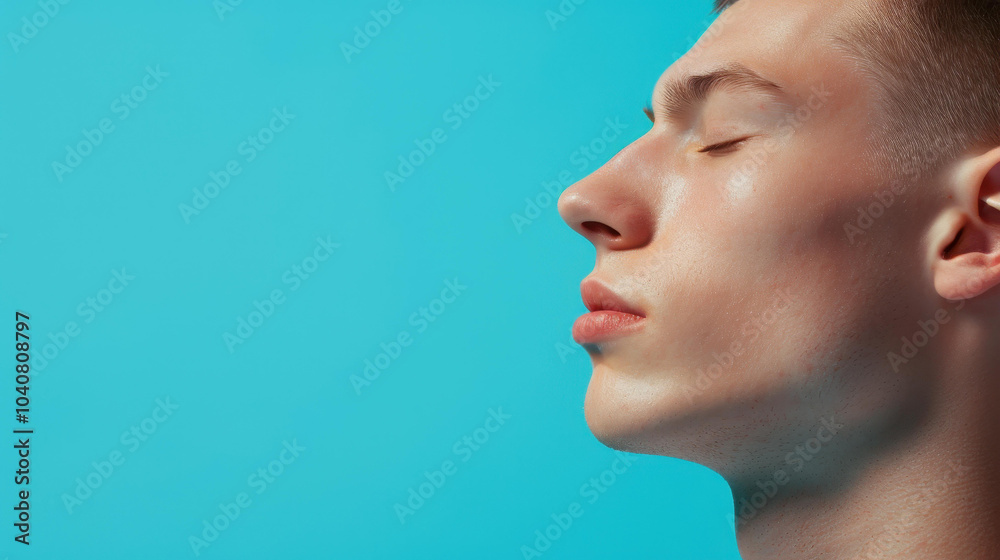 Intimate closeup of a young mans profile, eyes gently shut, evoking calm and contemplation in soft natural light. Intimate closeup of a young mans profile, eyes gently shut, evoking calm and contemplation in soft natural light.
