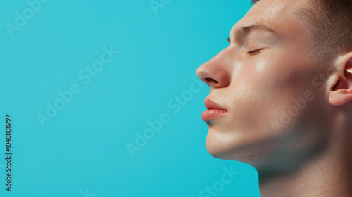 Intimate closeup of a young mans profile, eyes gently shut, evoking calm and contemplation in soft natural light.