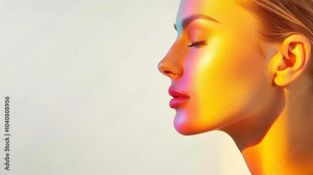 Striking fashion portrait showcasing a beautiful woman, artfully illuminated with colorful shadows, perfect for cosmetics advertising. Striking fashion portrait showcasing a beautiful woman, artfully illuminated with colorful shadows, perfect for cosmetics advertising.