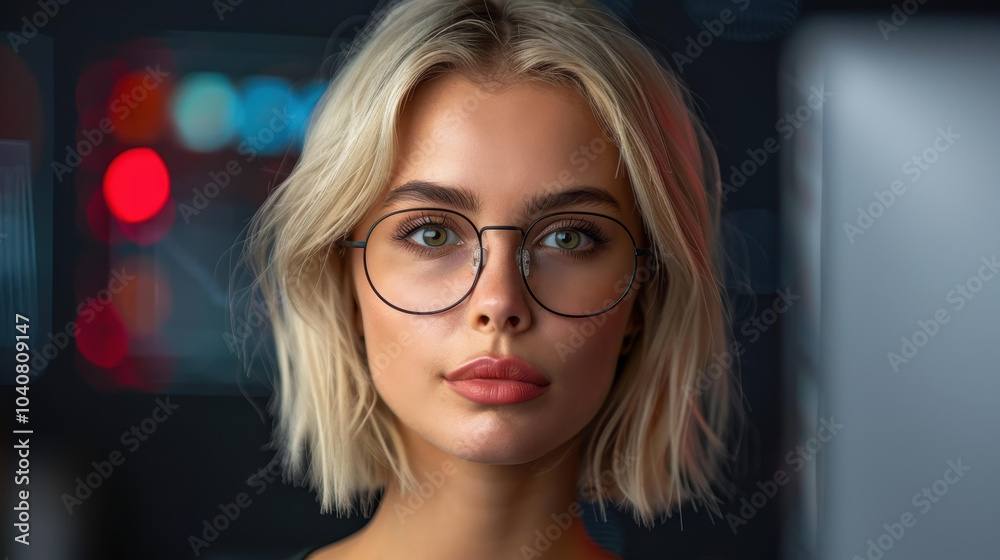 Young blonde woman excels as a telephone operator, skillfully managing calls and data in a vibrant office space.