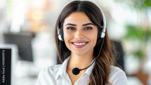 A dedicated young woman in a call center, providing exceptional support while engaging with customers over the phone. photo