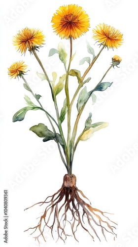 Watercolor illustration of a dandelion plant with four yellow flowers and its roots.