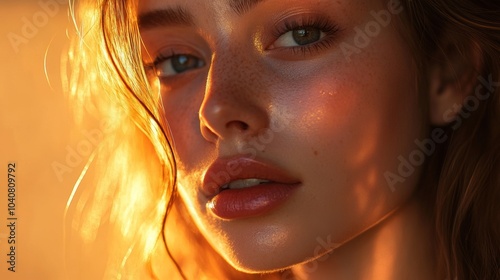 A serene beauty portrait of a woman with glowing skin and natural makeup in warm lighting during golden hour