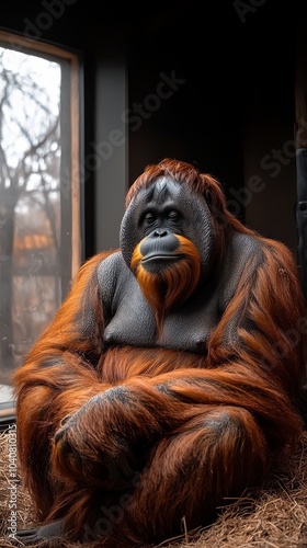 Large orangutan sitting with folded arms in indoor zoo enclosure photo