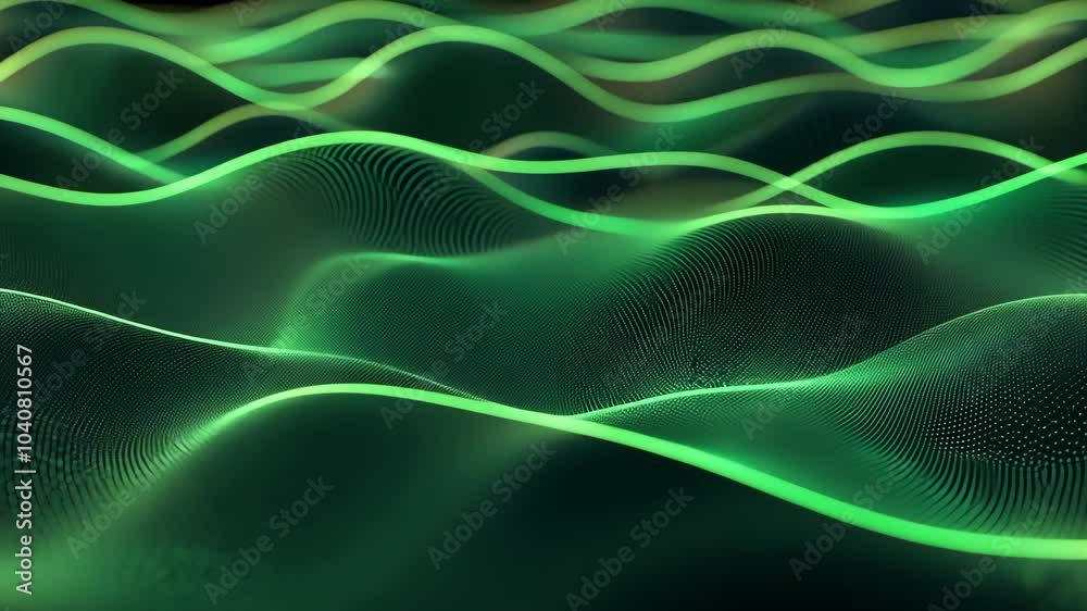 Green waves of light flow across a digital landscape Green waves of light flow across a digital landscape