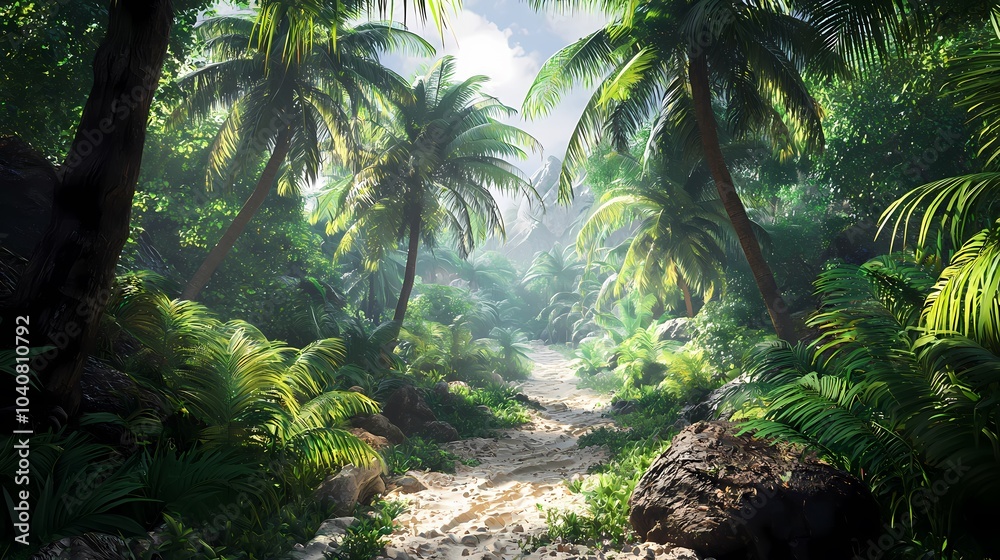 Sunlight Illuminating a Path Through Lush Tropical Foliage Sunlight Illuminating a Path Through Lush Tropical Foliage