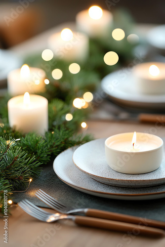 Elegant candlelit dinner setting for festive celebrations with natural elements