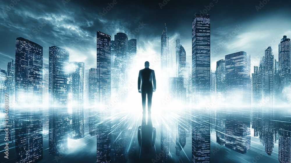 A businessman stands in the middle of a futuristic cityscape, surrounded by towering skyscrapers illuminated at night. A businessman stands in the middle of a futuristic cityscape, surrounded by towering skyscrapers illuminated at night.