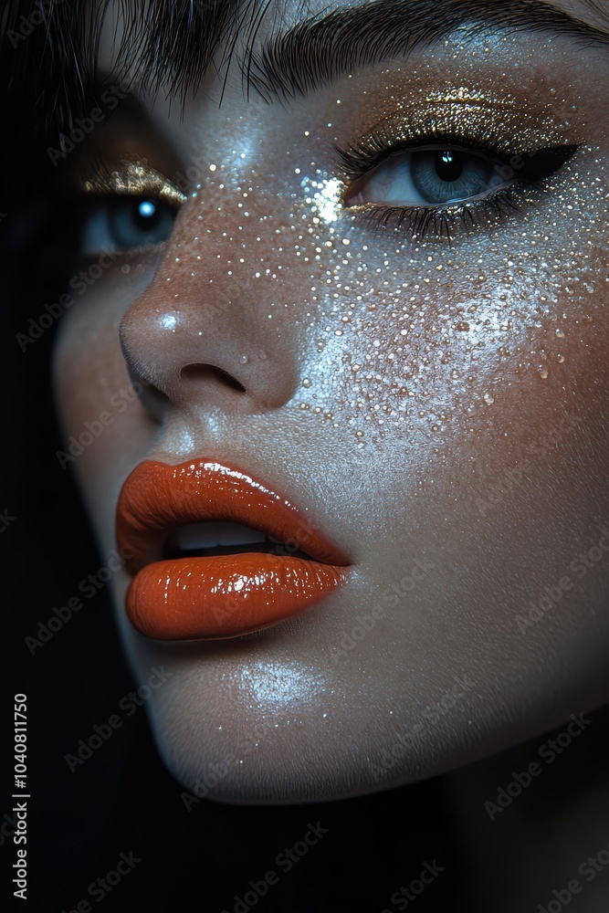 Naklejka premium Close-up portrait of a woman with glitter makeup and glossy lips in dramatic lighting