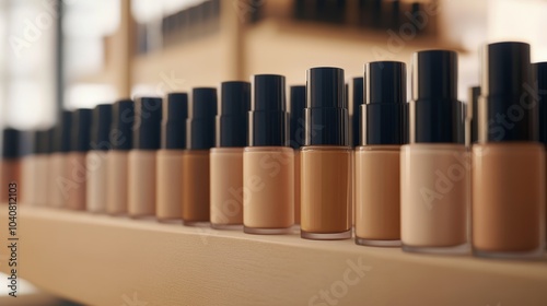 A beautiful display of close-up liquid foundation bottles in warm lighting at a makeup counter during the day