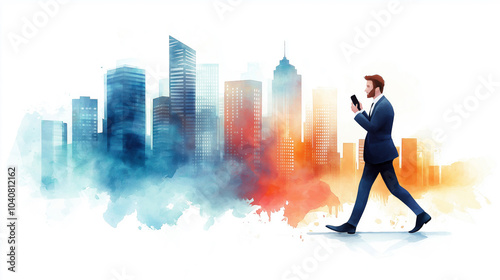 A businessman walking with a phone in his hand against a city skyline background, in a watercolor illustration style on a white background. Bright soft and pastel rainbow colors.