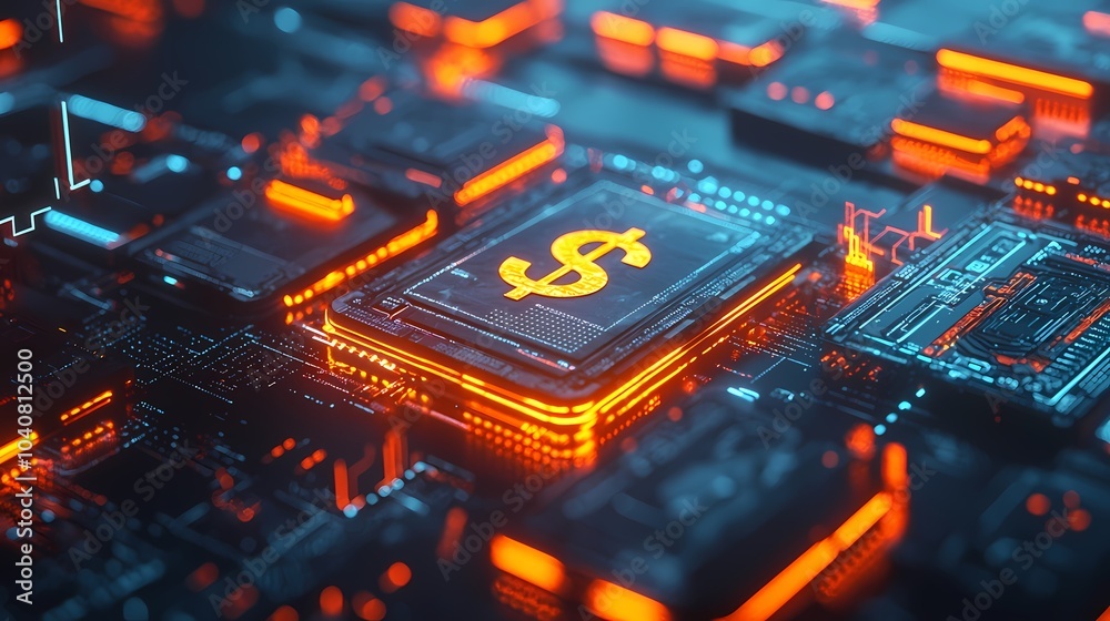 A glowing dollar sign embedded in a futuristic circuit board. A glowing dollar sign embedded in a futuristic circuit board.