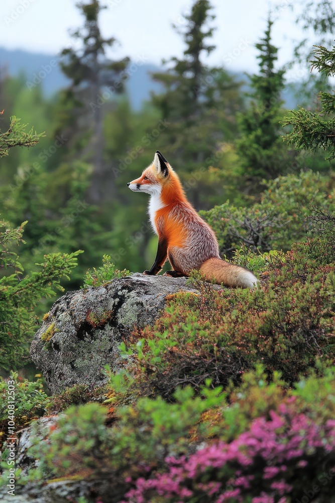 Red Fox Sitting on a Rock in a Forest Red Fox Sitting on a Rock in a Forest