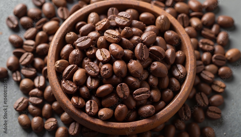Fototapeta premium Roasted Coffee Beans in Rustic Wooden Bowl for Fresh Grinding