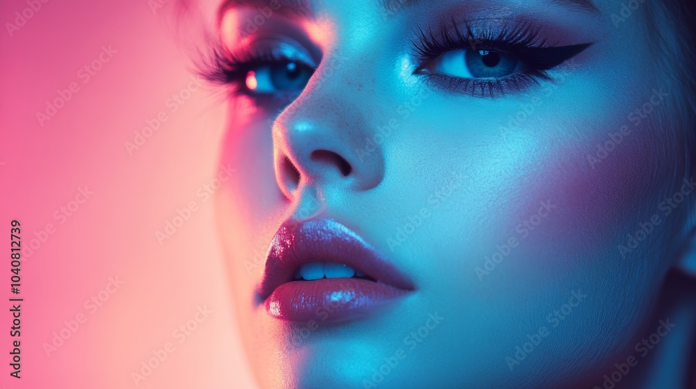 A fashion model showcases dramatic eye makeup with bold colors under soft lighting, emphasizing striking features and captivating allure A fashion model showcases dramatic eye makeup with bold colors under soft lighting, emphasizing striking features and captivating allure