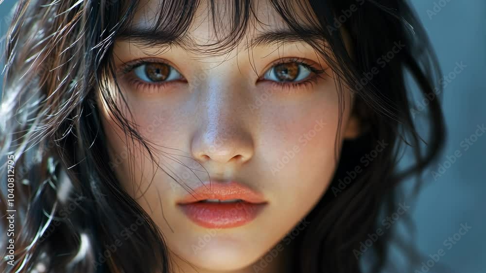 A woman with long black hair and brown eyes looks directly at the camera A woman with long black hair and brown eyes looks directly at the camera