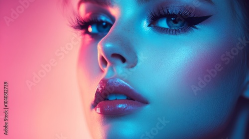 A fashion model showcases dramatic eye makeup with bold colors under soft lighting, emphasizing striking features and captivating allure