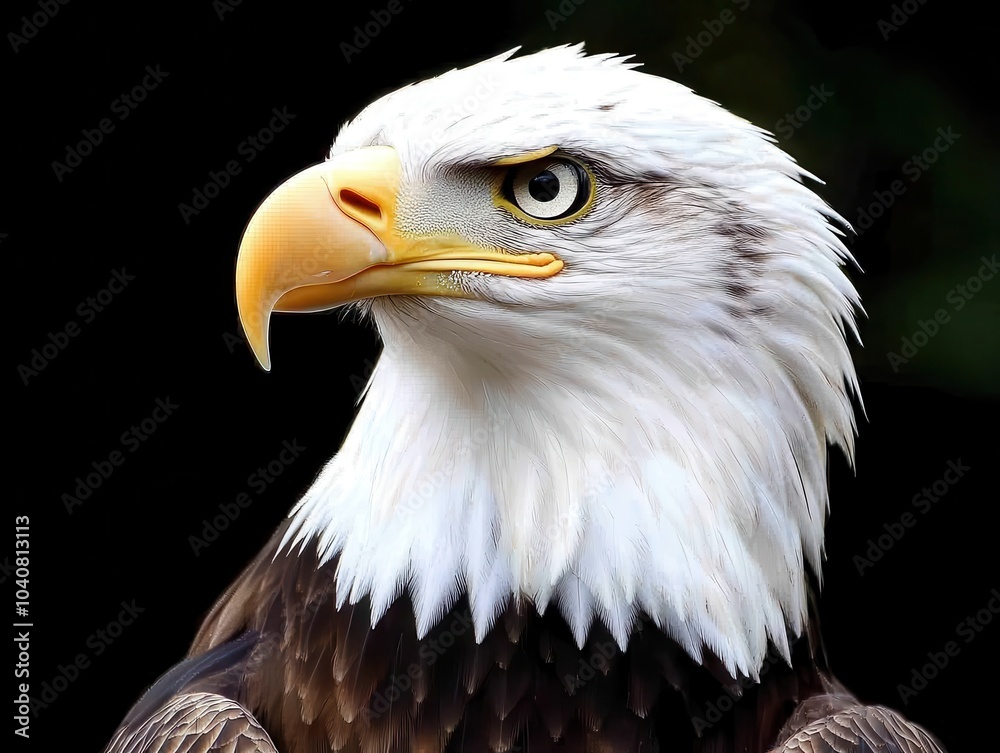 Obraz premium Close-up of a bald eagle with intense gaze on black background