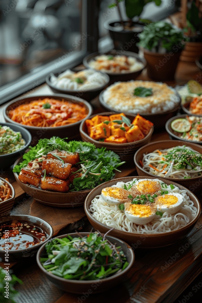 Obraz premium assorted asian dishes on dark background top view freshly made chinese japanese thai cuisine