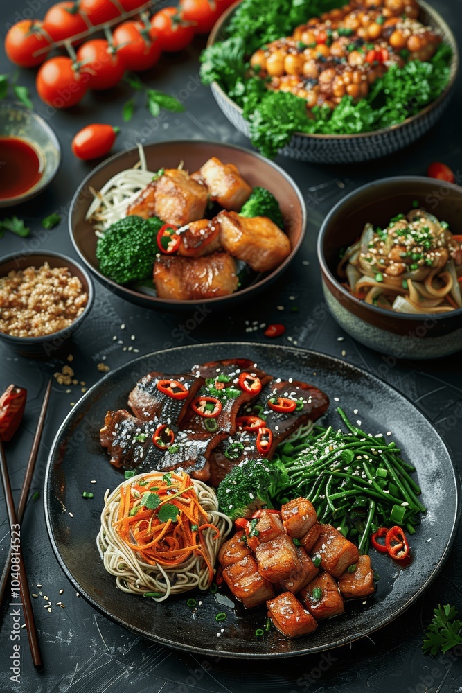 assorted Asian dishes on dark background top view assorted Asian dishes on dark background top view