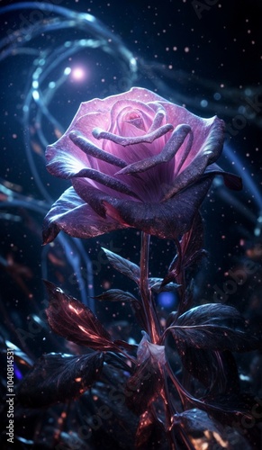 A radiant, futuristic rose with metallic petals glowing in pink and purple hues, set against a cosmic, starry background..