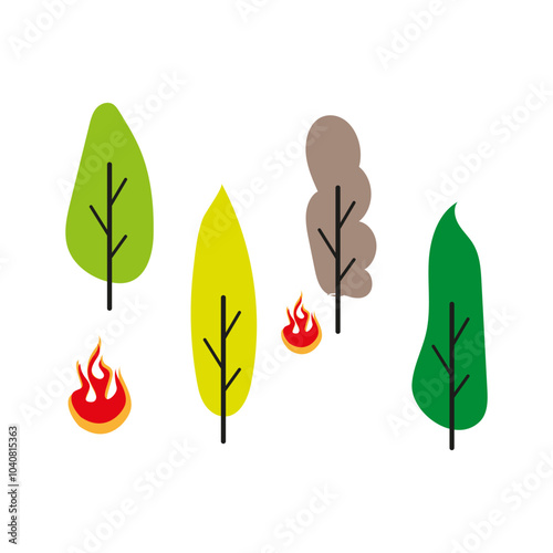Illustration of burning trees and flames representing wildfires and environmental damage.