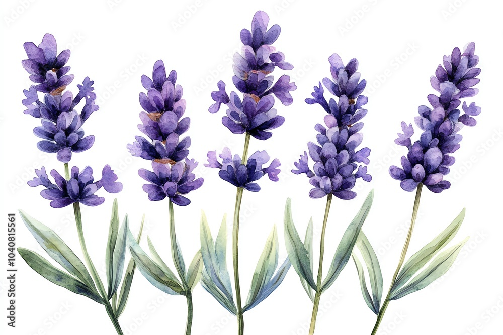 Naklejka premium Watercolor painting of five lavender flowers with green leaves on a white background.