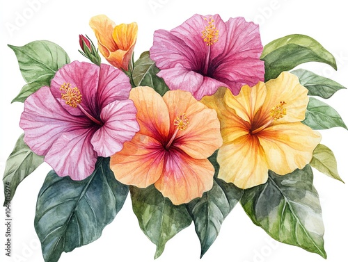 Watercolor painting of four hibiscus flowers, two pink, one orange, and one yellow, with green leaves.