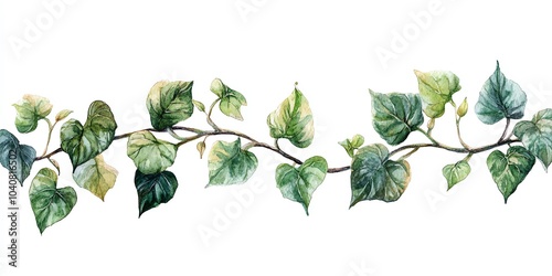 Watercolor illustration of a green ivy vine branch isolated on white background.
