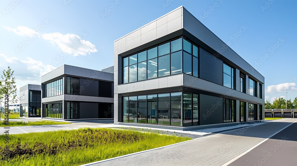 Modern Office Building with Large Windows and Green Landscaping Modern Office Building with Large Windows and Green Landscaping