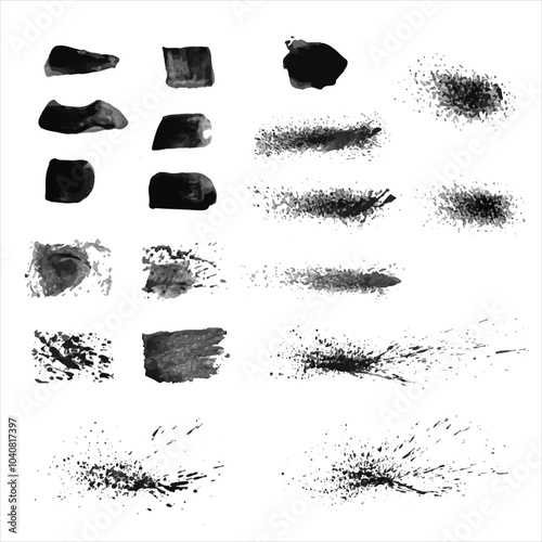 Vector collection of artistic grungy black paint splash hand-made creative brush stroke set isolated on white background.
