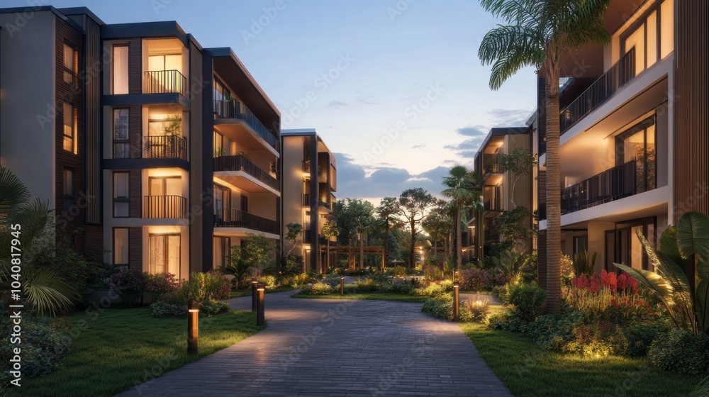 Twilight view of a modern apartment complex surrounded by lush gardens and warm, inviting lights Twilight view of a modern apartment complex surrounded by lush gardens and warm, inviting lights
