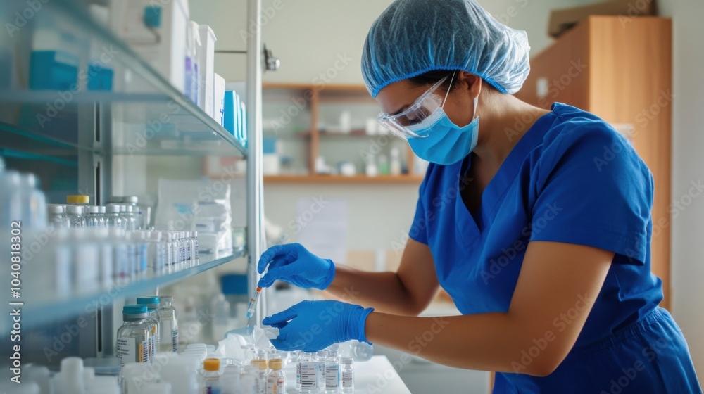 Fototapeta premium A healthcare worker setting up a vaccination station in a well-organized clinic, with vaccine vials and medical supplies visible, Efficient style