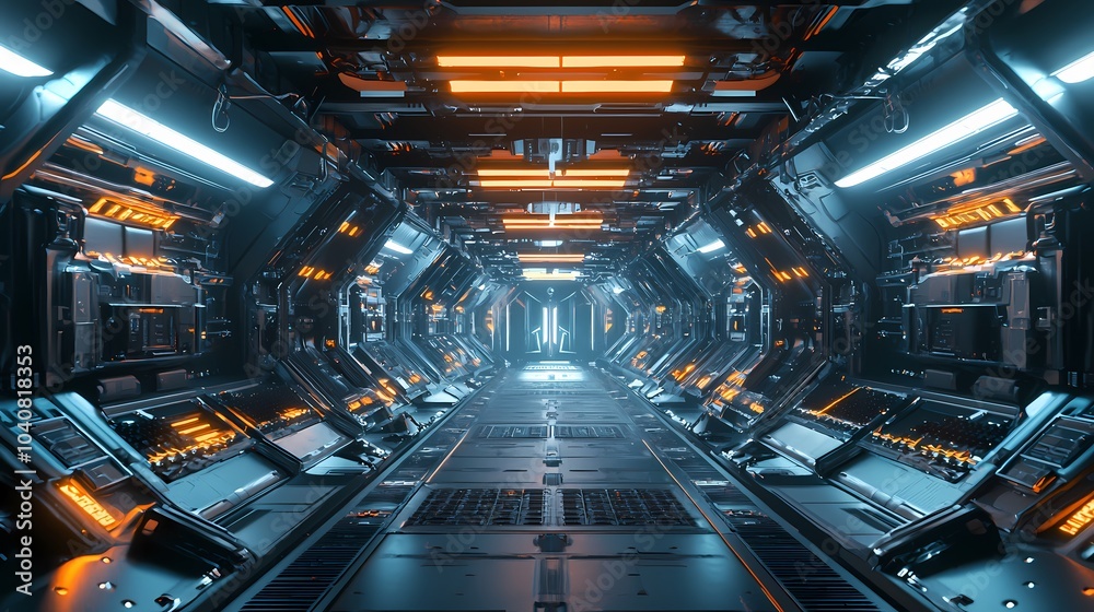 Futuristic Spaceship Corridor with Orange and Blue Lights Futuristic Spaceship Corridor with Orange and Blue Lights