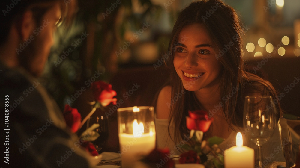 Happy girl excited by boyfriend's proposal with red roses during candle light dinner at home - concept of valentines day, relationship and romantic couple. Happy girl excited by boyfriend's proposal with red roses during candle light dinner at home - concept of valentines day, relationship and romantic couple.