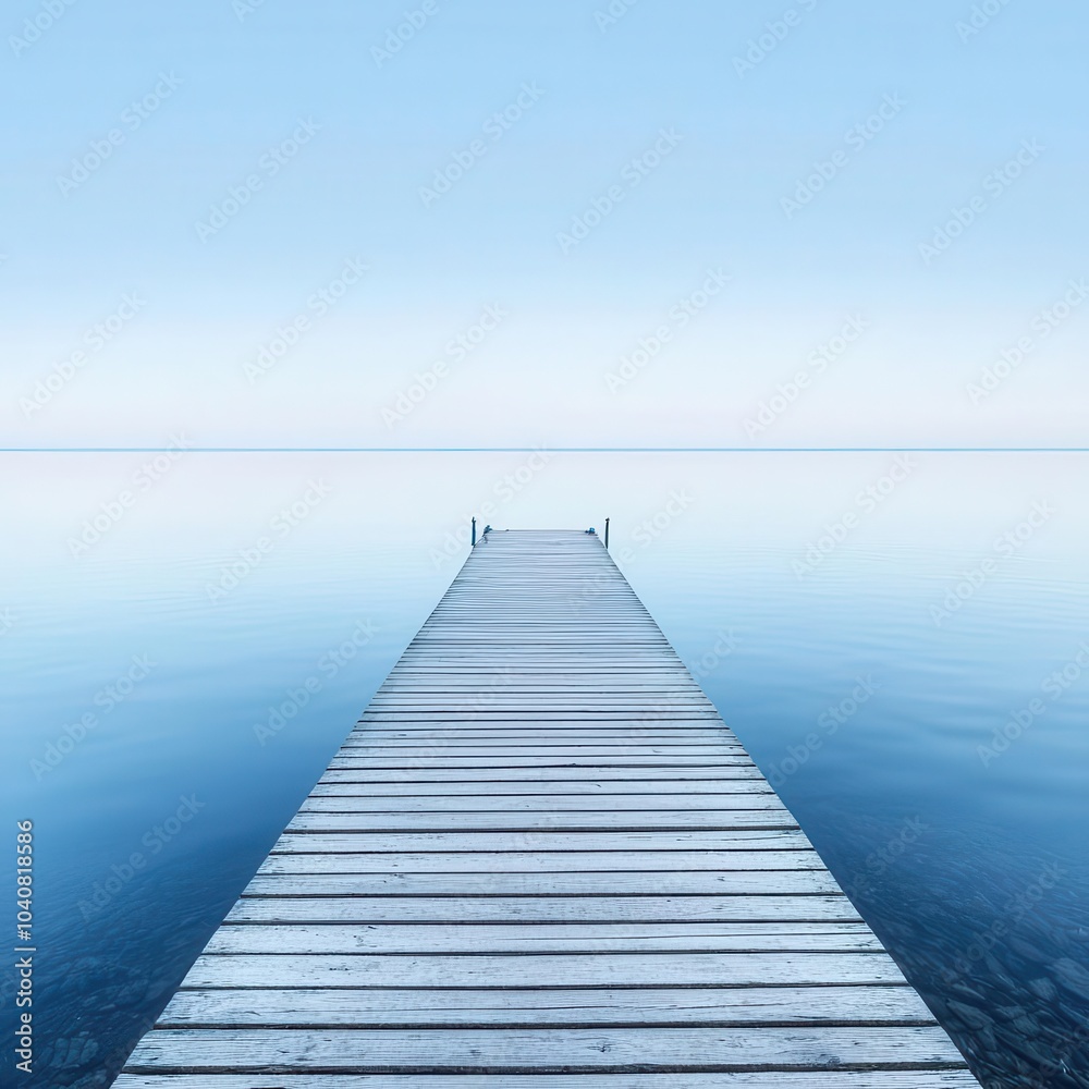 Obraz premium A serene wooden dock extends into calm, blue waters under a clear sky, creating a tranquil atmosphere perfect for relaxation.
